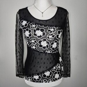 DeCo Black Sheer Mesh Floral Sequin Long Sleeve Top